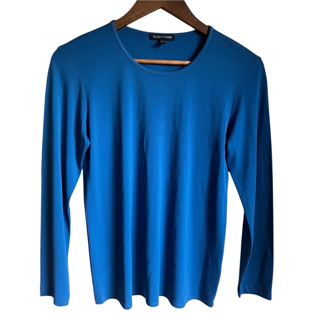 Eileen Fisher 100% Silk Jersey Long Sleeve Scoop Neck Top Women's XS Blue Luxury